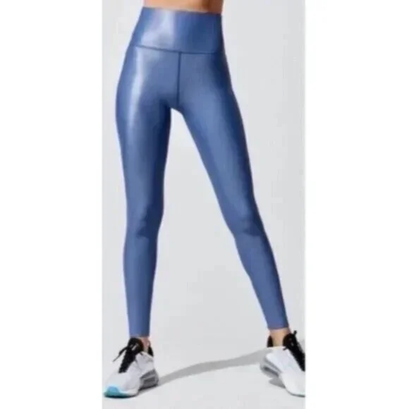 Carbon38 High Rise Full-Length Shine Glossy Blue High-Waist Activewear Leggings - Picture 2 of 16